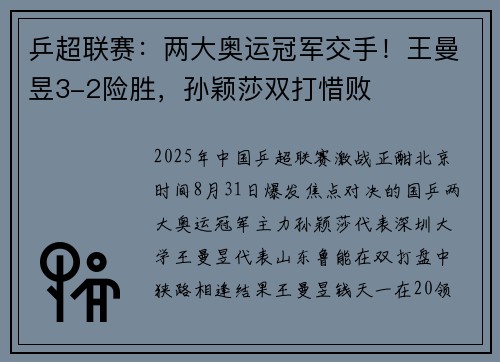 乒超联赛：两大奥运冠军交手！王曼昱3-2险胜，孙颖莎双打惜败
