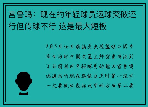 宫鲁鸣：现在的年轻球员运球突破还行但传球不行 这是最大短板